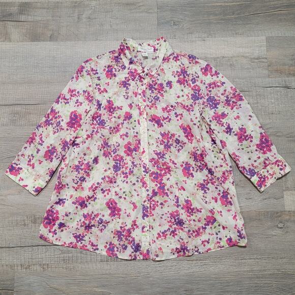 Coldwater Creek No Iron Cotton 3/4 Sleeve Button Up Size 2X Watercolor Floral - Picture 1 of 8